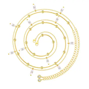Tewiky Gold-Plated Double-Layer Waist Chain Spaced Bead Round Snake Chain & Spaced Oval Pearl Chain for Various Occasions Valentine's Day Gift