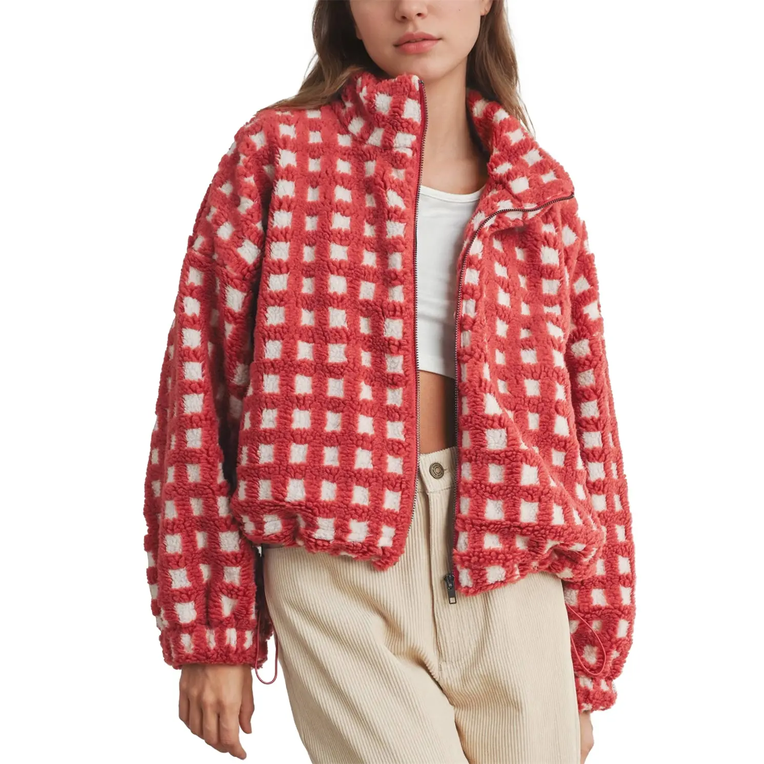 Songling Women's Checkered Sherpa Cropped Longsleeves Jacket - Zip Up Casual Gingham Fleece Outerwear with Pockets, Drawstring Elastic Waist, for Lady Women's Clothes, Jackets Zip Up