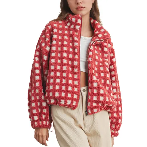 Songling Women's Fitted Checkered Sherpa Cropped Long-Sleeve Zip-Up Jacket - Casual Fleece Outerwear with 2 Welt Pockets, Drawstring Elastic Waist (Do Not Dry Clean)