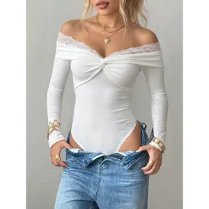 Woman's Off Shoulder Lace Trim Twist Front Long Sleeve Slim Fit White Sexy Bodysuit, Elegant Trendy Casual Daily Party Going Out Streetwear Y2K Feminine Stylish Date Night Vacation Skinny Top