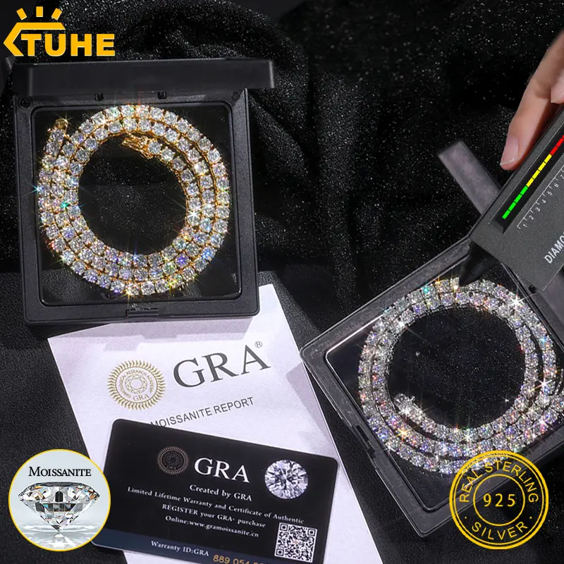 High-Quality VVS1 Moissanite Tennis Necklace S925 Sterling Silver Diamond Necklaces For Men Women Pass Diamonds Test Iced Out