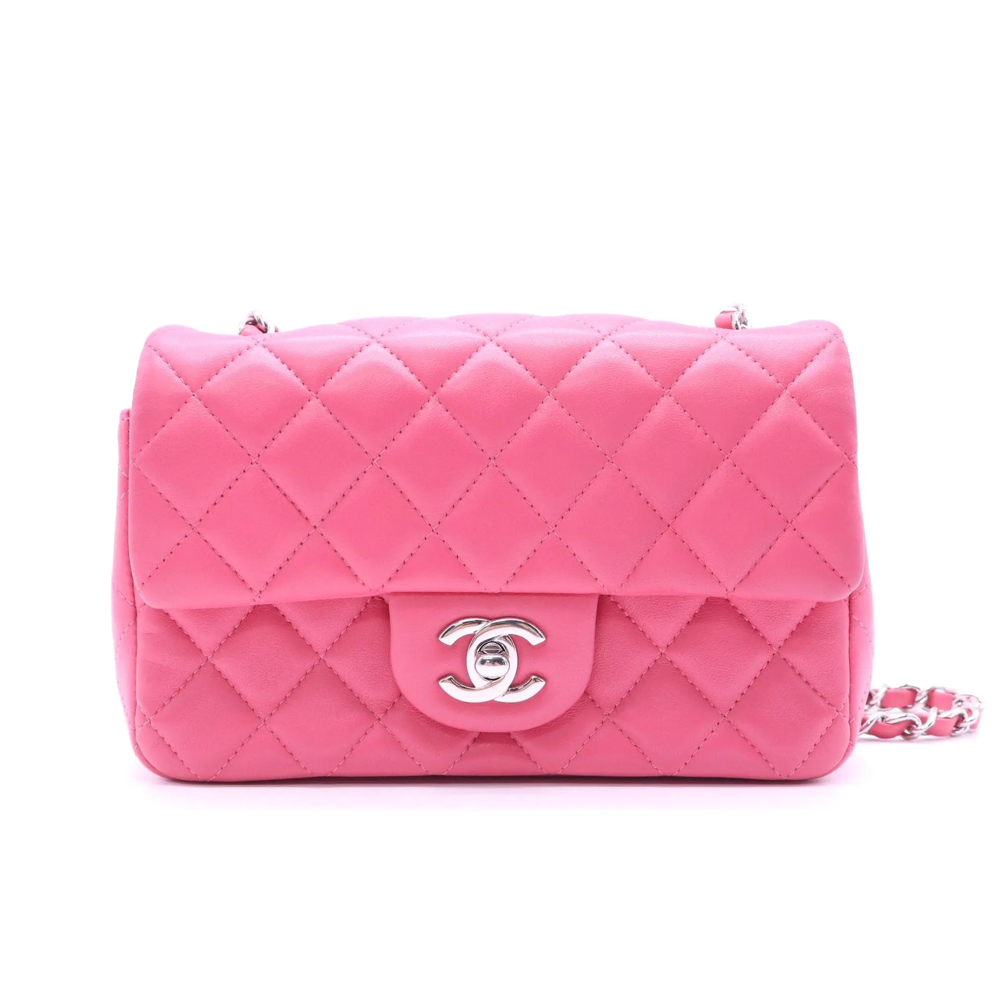 Pre-owned CHANEL Leather Shoulder Bags Lambskin Quilted Mini Rectangular Flap Neon Pink B22180