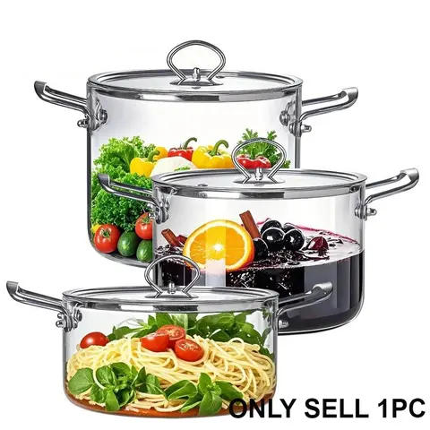 Large Capacity Glass Pot with Lid, 1 Count Stainless Steel Handle Cookware, Clear Glass Pasta Pot, Cooking Pot, Stew Pot, Dutch Oven Pot for Home Kitchen, Kitchen Food Cookware, Kitchen Pots