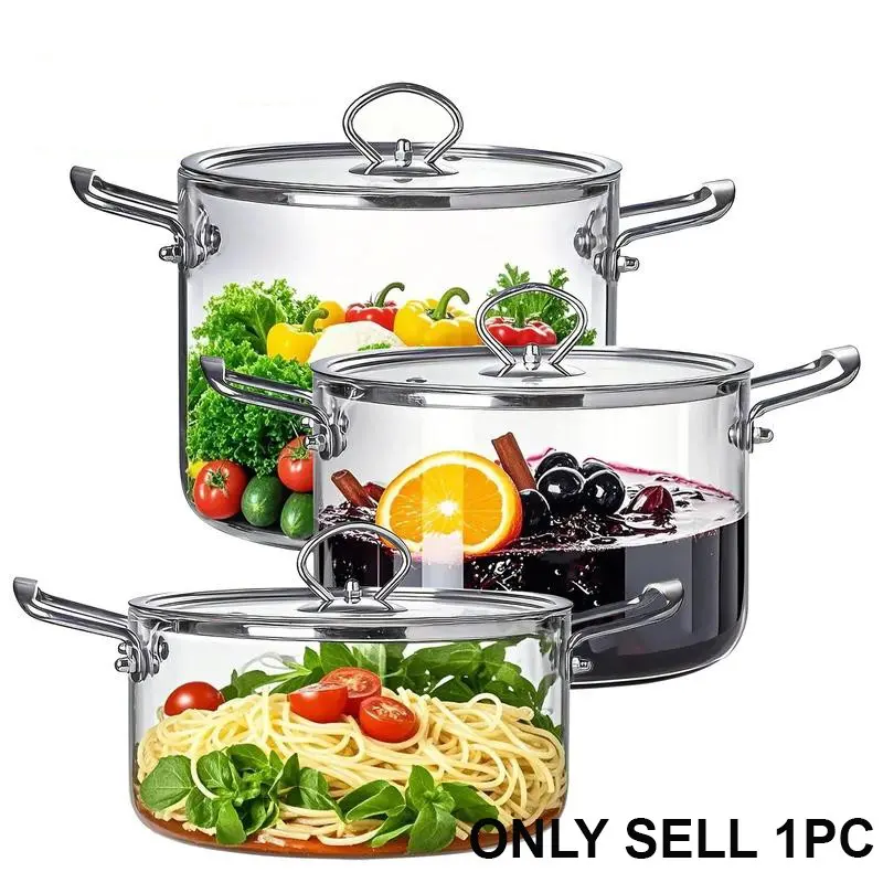 Large Capacity Glass Pot with Lid, 1 Count Stainless Steel Handle Cookware, Clear Glass Pasta Pot, Cooking Pot, Stew Pot, Dutch Oven Pot for Home Kitchen, Kitchen Food Cookware, Kitchen Pots