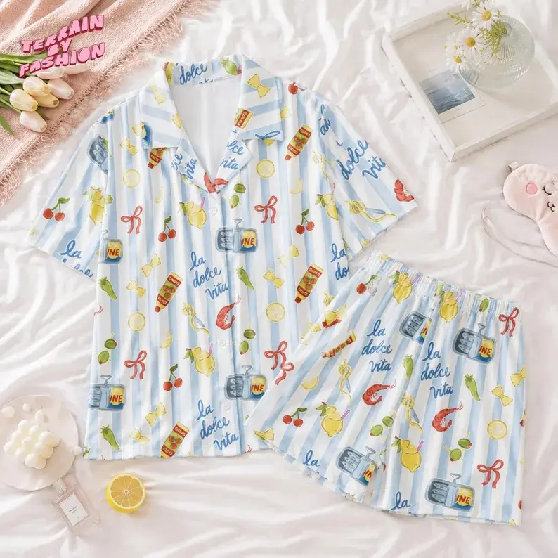 La Dolce Vita Print Womens Pajama Set Italian Lemon Cherry Shrimp Pasta Blue Stripe Oversized Short Sleeve Shirt Shorts Summer Sleepwear Set