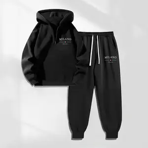 Men's Milan Letter Print Zipper-Collar Hoodie & Drawstring Sweatpants Set, Menswear, Casual Athletic Long Sleeve Hooded Jacket & Trousers for Fall & Winter, Men's Clothing for Daily Wear, Sportswear for Indoor & Outdoor, Tracksuit, Athleisure