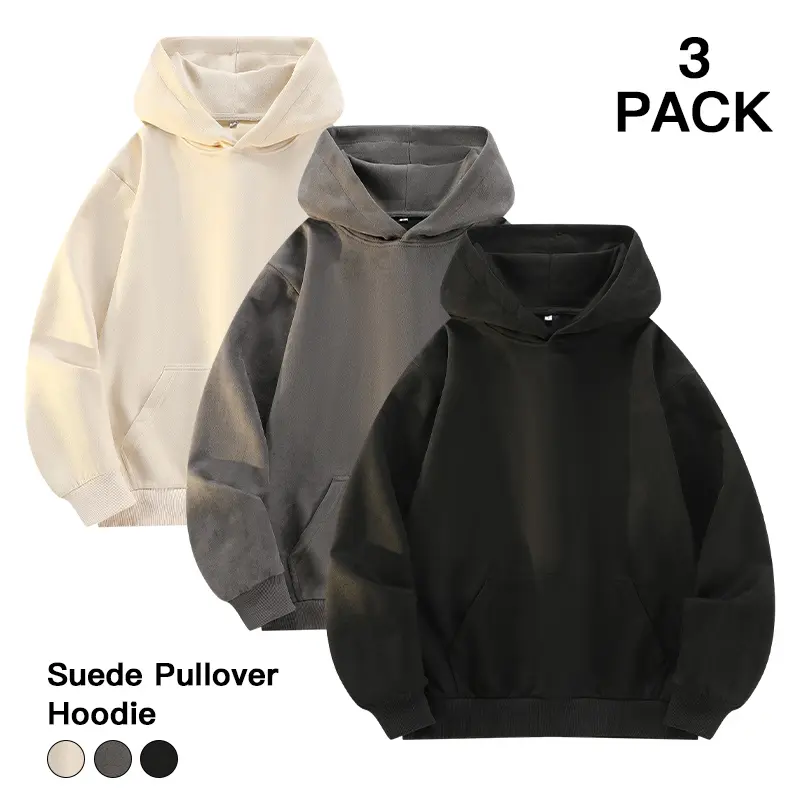 Menswear Plain Long-Sleeve Suede Pullover Hoodies 3-Pack, Men’s Loose-Fit Hood Sweatshirts with Kangaroo Pocket, Streetwear for Casual Meetups & Outdoor Walking Fall Tops
