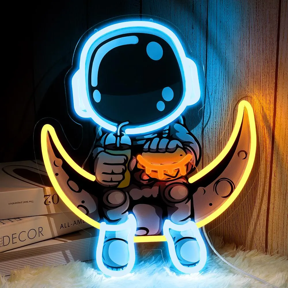 ROSNEK Dimmable Astronaut Theme Neon Sign - Futuristic Light Sign, Nightlight, Acrylic Wall-Mount USB-Powered UV-Print Night Light, Boys' Bedroom Decor, Christmas & Birthday Gift, Futuristic Light Signs, Nightlight Light Signs