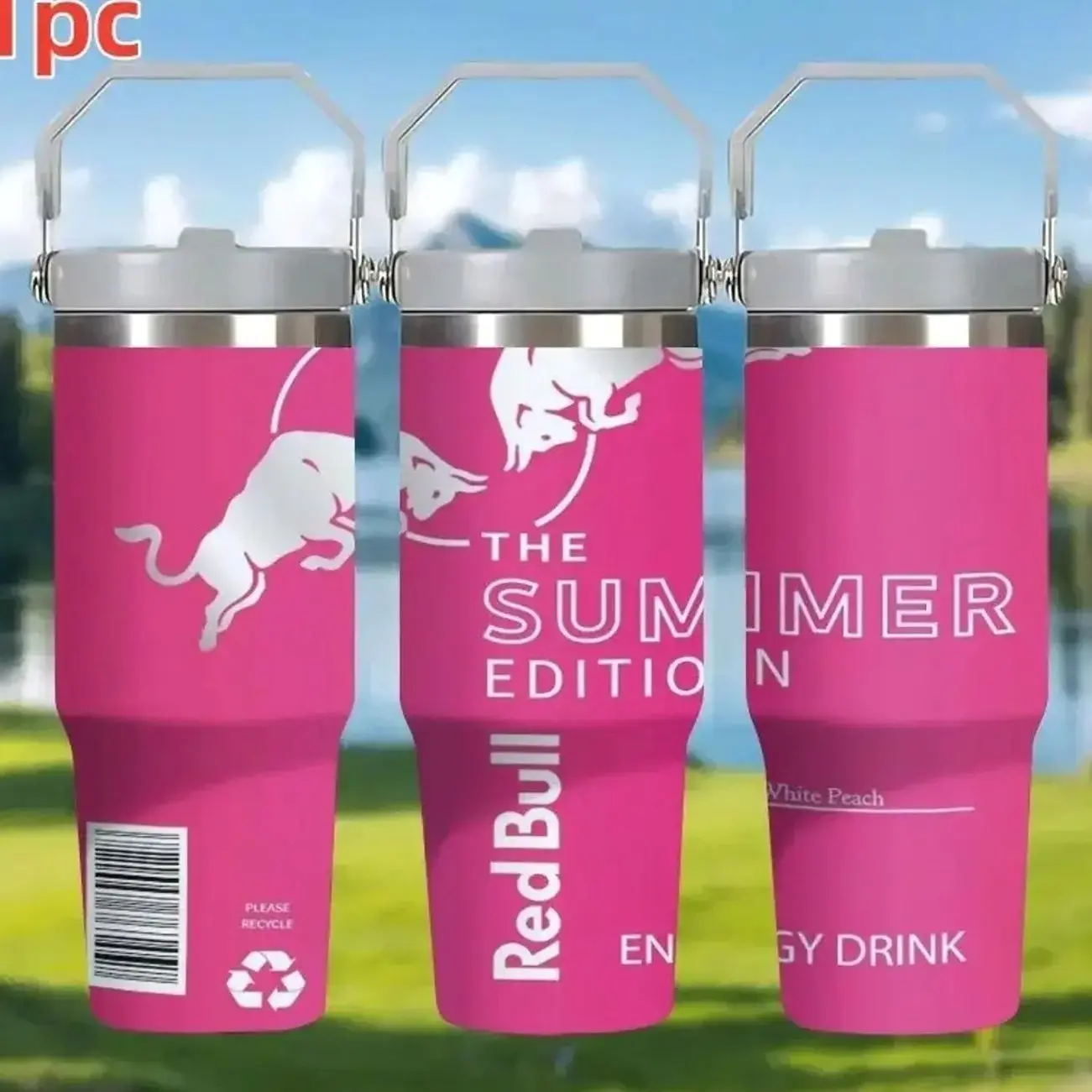 1pc 30oz 900ml Red Bull Summer White Peach Limited Insulated Tumbler with a straw, which can only be cleaned with water. Perfect for office use and picnics, it is an ideal gift for Father's Day and Mother's Day