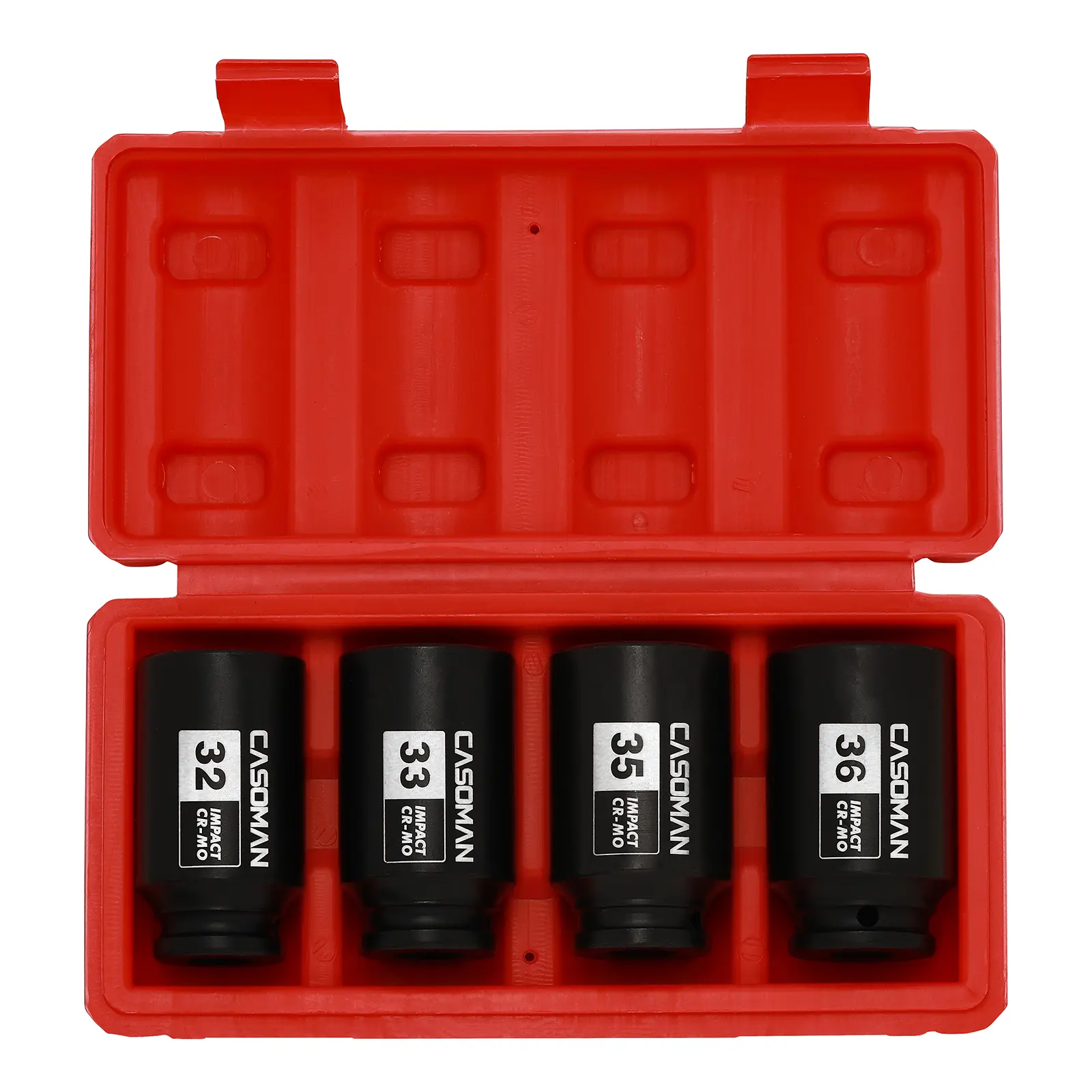 CASOMAN 1/2-Inch Drive Deep Spindle Axle Nut Impact Socket Tool Kit Set, 6-Point Chromium-Molybdenum Steel 4PC Metric Laser-Marked Size (32/33/35/36mm) Mechanic & Car Repair Tools with Portable Case