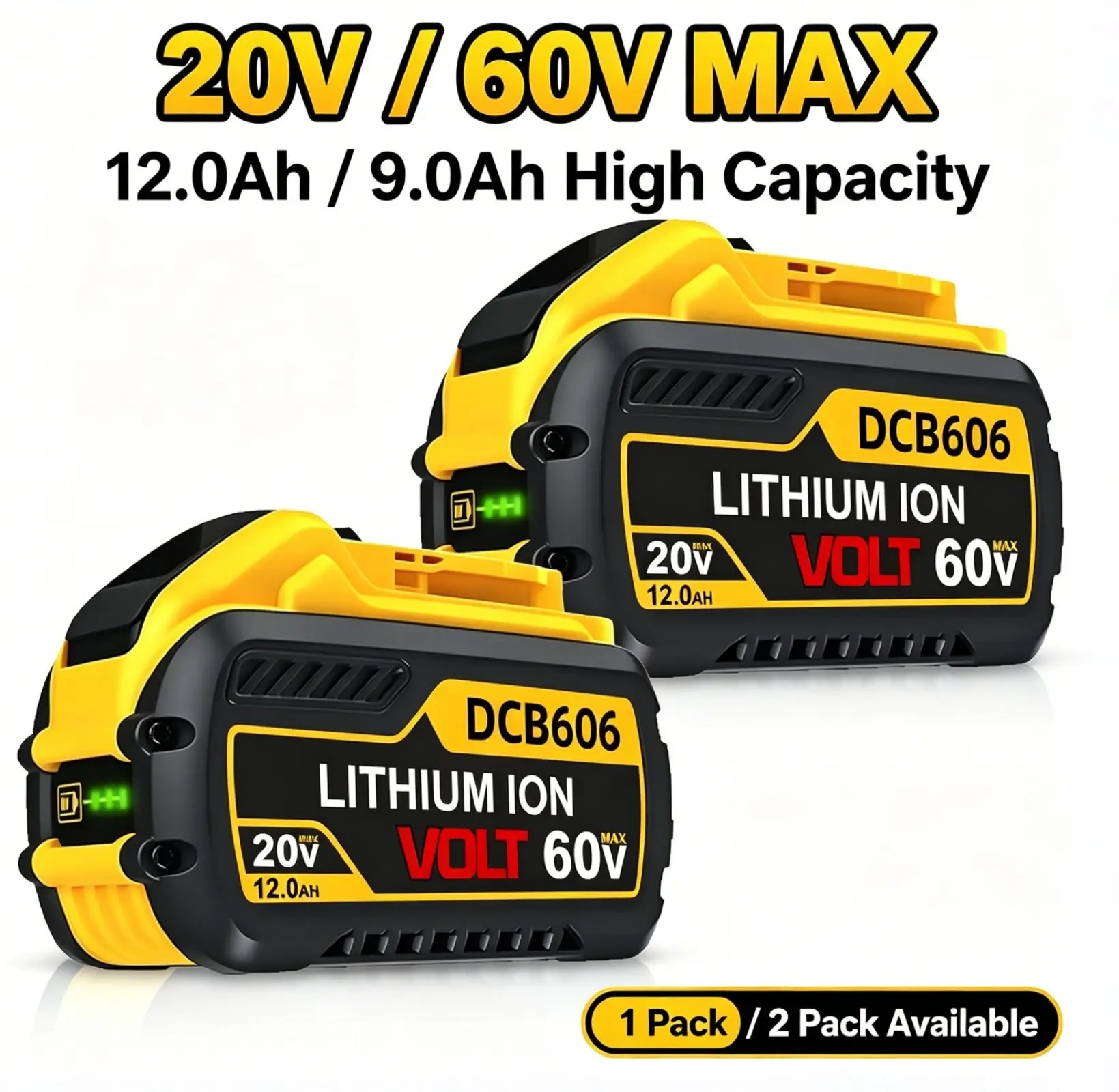 2/1 Pack DeWalt 20V/60V MAX Replacement Battery - 12.0Ah/9.0Ah, Compatible with DCB606 DCB609 DCB612, Power Tools & Chargers, with Over-Heat Protection for Safe Use, Charge Time Reminder