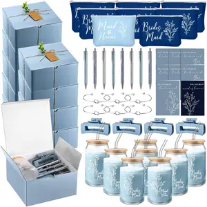 8-Piece Set / 80-Piece Bridesmaid Invitation Gift Wedding Bridesmaid Gifts Include: Glass Cup, Makeup Bag, Glitter Pencil, Card, Bracelet, Hair Clip Gift Box Brown Kraft Paper Label, Twine (Blue)