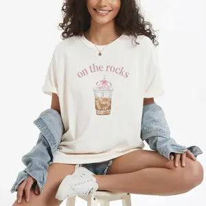 "On The Rocks" Cute Drink Graphic Casual Cotton Tee Shirt Round Neck
