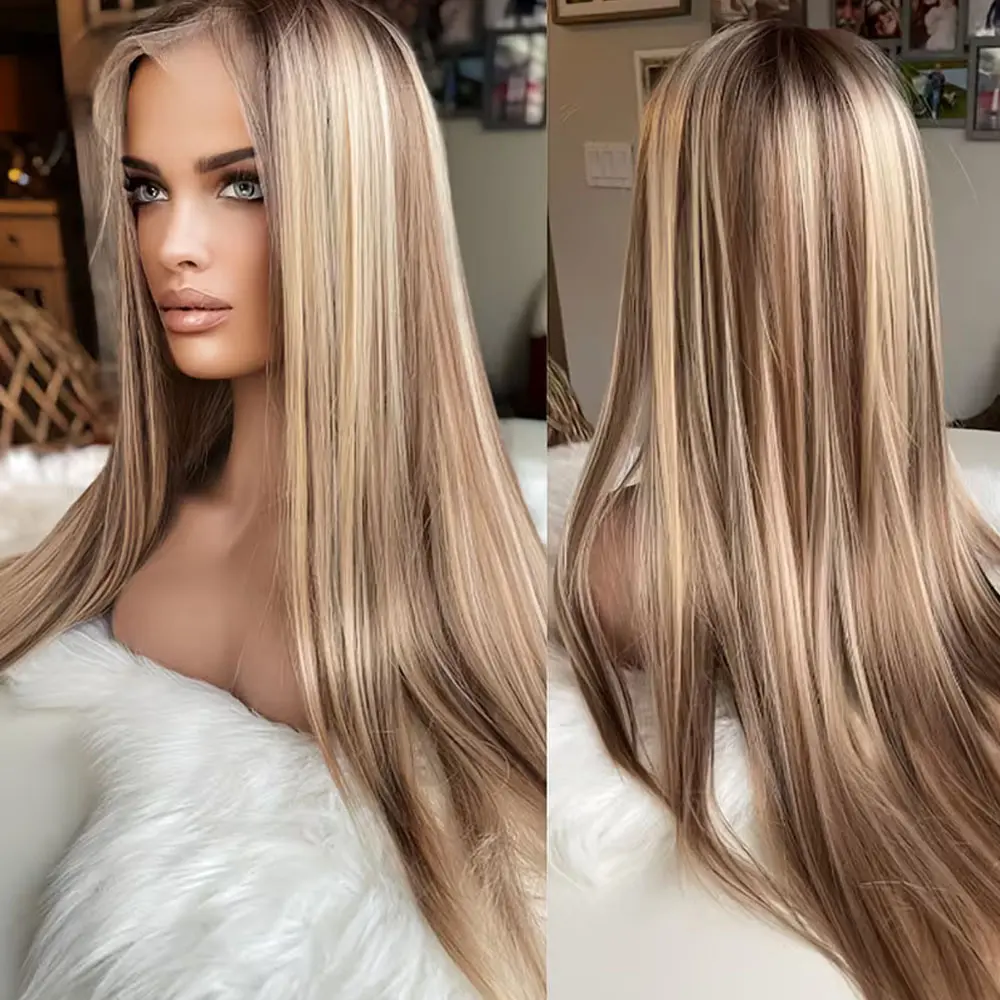 28-Inch Long Straight Glueless HD Lace Wig with Honey Blonde Highlights, Featuring a 13X4 Lace Front Design. It'S Pre-Plucked And Perfect for Daily Use