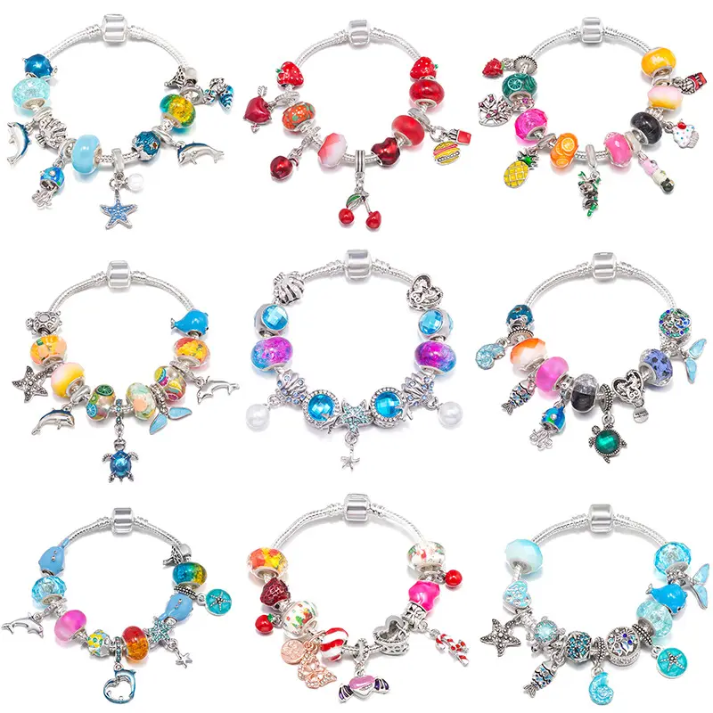 9 Styles Mixed Marine Beaded Bracelet Enamel Sea Animal Pendant Silver Plated Stackable Wrist Accessory