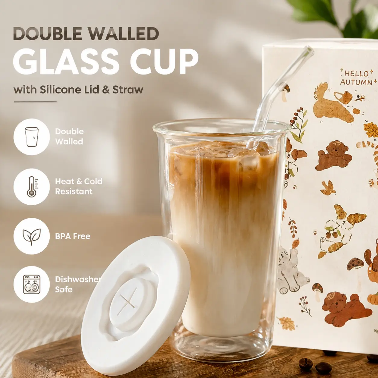 Minimalist Double-Wall Glass Iced Coffee Tumbler with Lid and Straw - Reusable Home Use Drinkware for Coffee, Iced Drinks