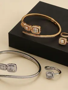 2pcs Luxury Square Ice Sugar Drill Bangle Ring Set, Unique High-End Open Design, Elegant Jewelry for Women, Fashionable Accessory
