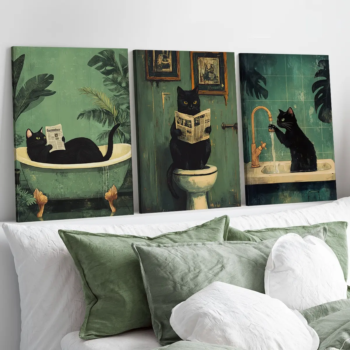 3 Counts Wood Framed Canvas Bathroom Cat Wall Art Print, Ready To Hang, Cat Funny Bathroom Wall Decor, Waterproof Canvas Wall Art, Animal Artwork Wall Painting For Gift, Wall Picture for Bathroom, Toilet, Living Room, Bedroom, Bathroom Pictures Wall Decor