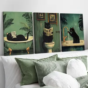 3 Counts Wood Framed Canvas Bathroom Cat Wall Art Print, Ready To Hang, Cat Funny Bathroom Wall Decor, Waterproof Canvas Wall Art, Animal Artwork Wall Painting For Gift, Wall Picture for Bathroom, Toilet, Living Room, Bedroom