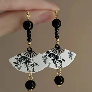 1 Pair of Fashionable Vintage Women's Earrings with Artificial Pendant, Creative Chinese Ink Painting Fan-Shaped Earrings for Daily Anniversary Gift