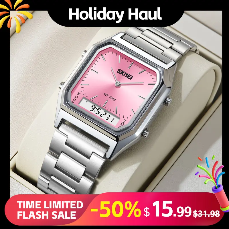 SKMEI Men's Casual Retro Stainless Steel Square Dial Wristwatch - Dual Movement, 3ATM Water Resistance, Luminous Display, Casual Trendy Fashion Watch, Casual Trendy Wristwatch