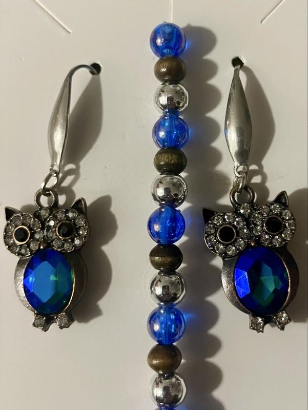 Blue Owl Themed Jewelry Set- Earrings & Bracelet