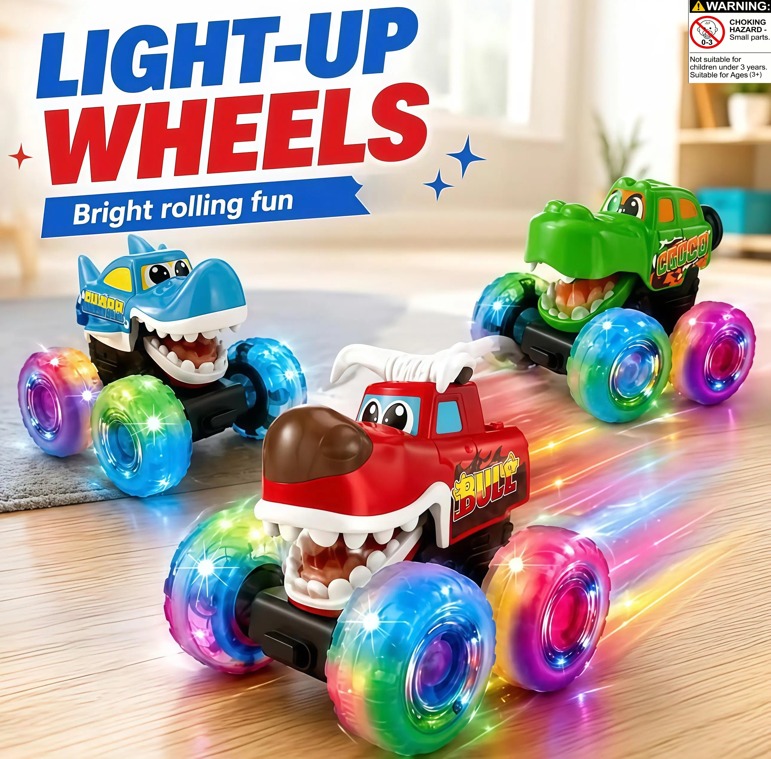 3 Pack Monster Truck Toy Friction Colorful Shining Wheel Bigfoot Car Crocodile Shark Night Light Pressing Car Boy Gift Pressing Luminous Toy Car Monster Bigfoot Car Inertial Sliding Wheel Light Children's Gift