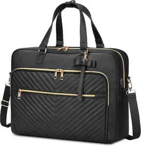 17 Inch Laptop Bag for Women, Large Convertible Quilted Briefcase Backpack with USB Port,  Leather Work Tote Bags, Professional  Computer Handbags for Office Business, Black