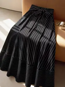 Elegant Striped A-Line Skirt for Women, Loose Fit Waist Tie Design, Spring Summer, Fashionable Half-Length Dress, Womenswear, Elegant Casual Skirt, Skirt for Daily