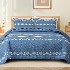 Reversible Ultra Soft Printed Quilts  Size, Lightweight Patchwork Geometric Stripes Bedspreads Coverlets Quilt Bedding Set with 2 Pillow Shams for All Seasons, Bluish Grey