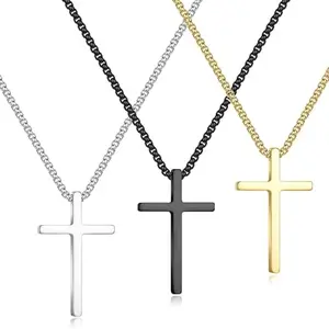 Cross Necklace for Men Women Silvery Stainless Steel Plain Cross Pendant Necklace Box Chain 17 Inch Modern Lead Free Hypoallergenic