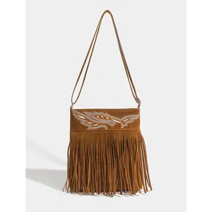 Embroidered Suede Fringe Vintage Boho Bag