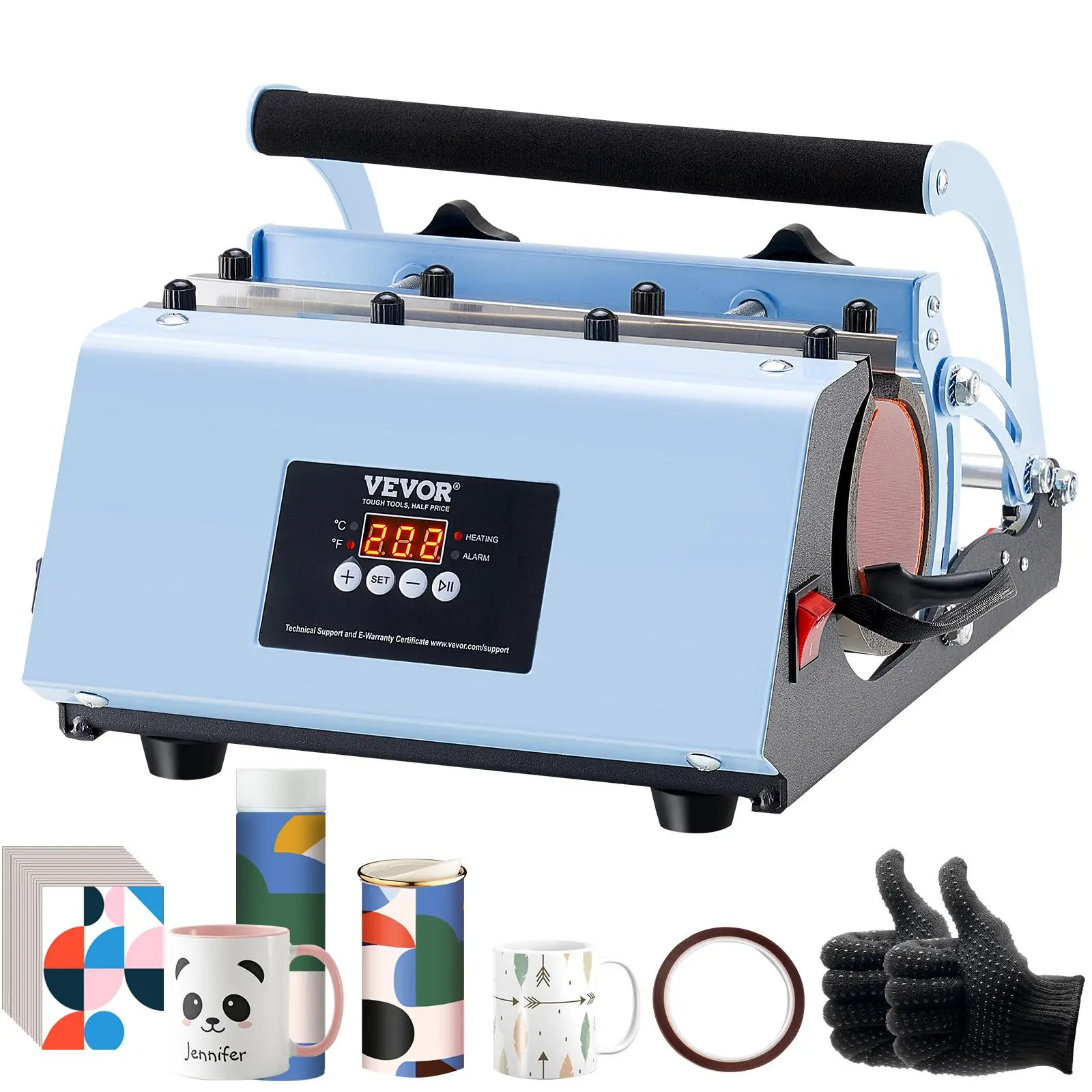 【Summerfinds】VEVOR Tumbler Heat Press Machine, 11-30oz Mug Press, Heat Up Fast and Even, Tumbler Press with Sublimation Paper, Tape and Gloves, Temp and Time Setting, for Sublimation Tumblers, Cups, Mugs, Blue
