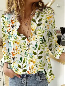Women's Casual Urban Elegant Chic Style Loose Flowy Long Sleeve Shirt, Fresh Farmhouse Floral Print Blouse, Fall & Winter Woven Fabric Top, Womenswear