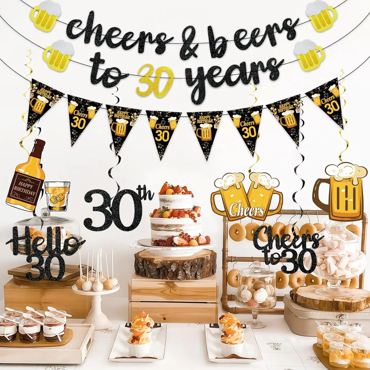 Adult Women's 1996 Vintage 1 To 30 30th Birthday All-in-1 No-DIY Set - Black,Gold,Pink,Rose Gold Pre-Hanging Backdrop Banner,Sign,Balloons,Photo Prop,Cardstock Photo-Ready Supplies for Indoor Decoration,Gift