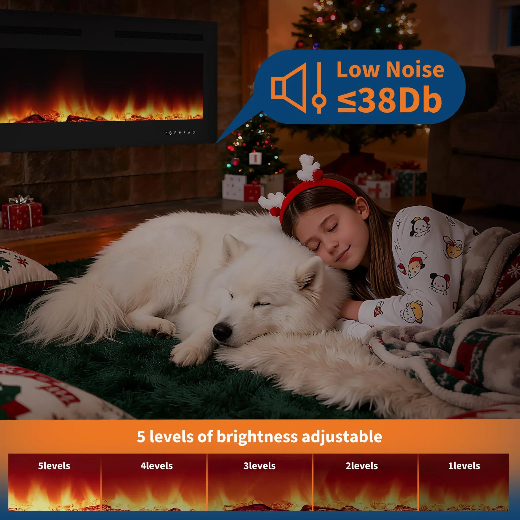 【Christmas Gift】Electric Fireplace with Tempered Glass - 12 Flame Colors, Remote Control, 1500W Heater, 5000BTU, 5 Brightness Levels, Timer, Log & Crystal Effects (72 Inch)
