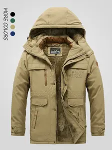 Men's Letter Print Pocket Zipper Removable Hooded Jacket, Regular Fit Casual Long Sleeve Thermal Lined Outerwear for Winter, Men's Clothes for Daily Wear, Workwear Jackets