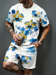 Summer Men's Outdoor Round Neck Short Sleeve T-Shirt and Shorts Set, Floral All over Print, Casual Fitted Style, 2-Piece