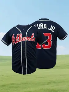 Men's Atlanta #27 Embroidered Baseball Jersey | Stitched Letter & Number Button Down Breathable Sports Top Shirt | Navy Blue Retro Athletic Tee