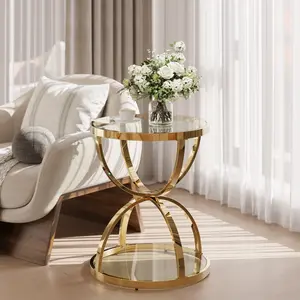 19.69'' 2-Tier Ring-Shaped Tempered Clear Glass Side Table Gold - Modern Round Nightstand for Living Room Bedroom Home Office