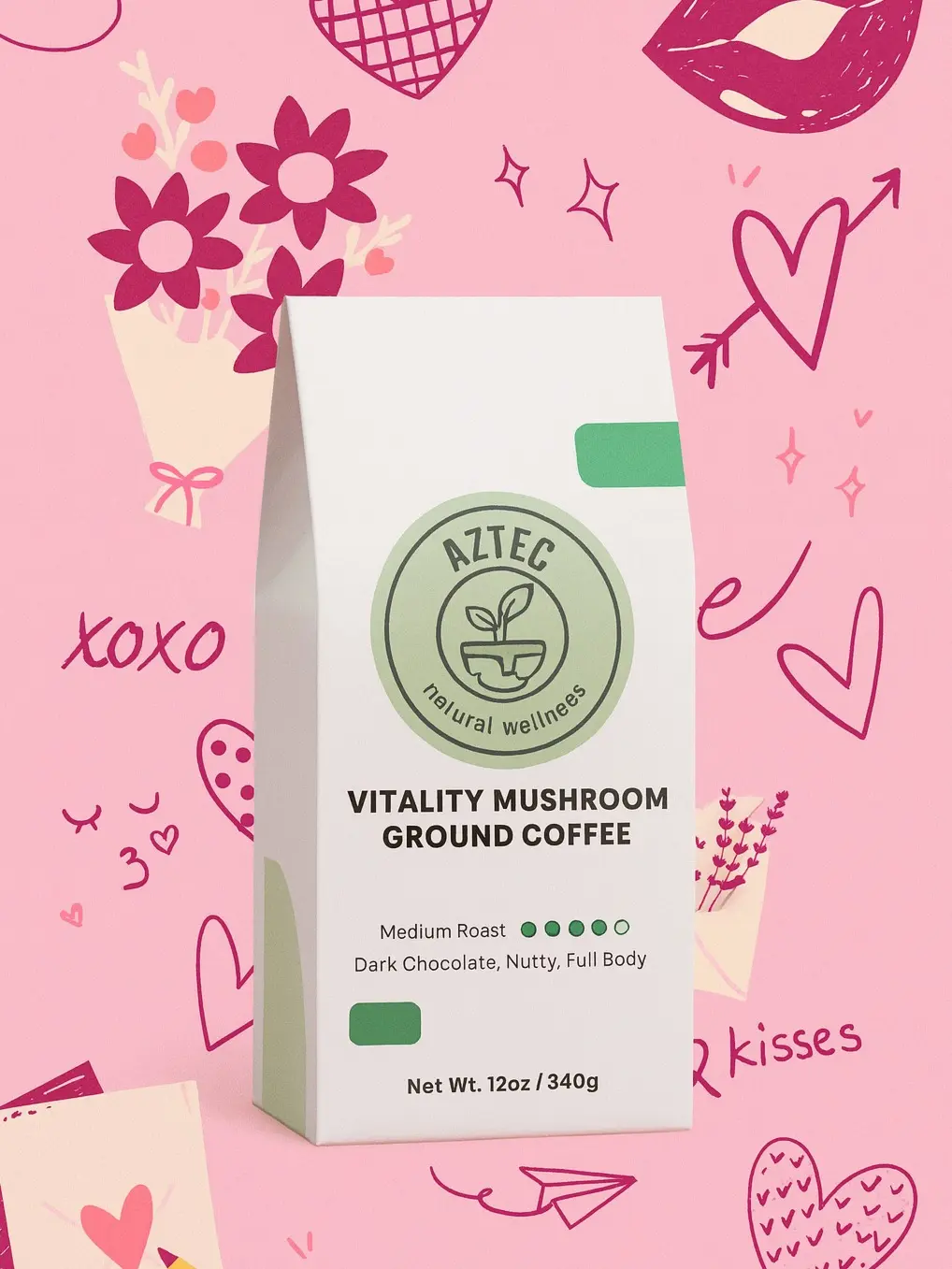 Aztec Natural Wellness Vitality Mushroom Ground Coffee 12 oz Vegan Gluten-Free Low-Acid Adaptogenic Blend with Lion's Mane & Chaga for Energy & Focus