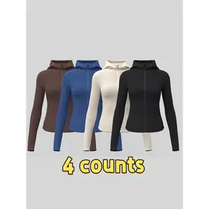 Women's Solid Color Thumb Hole Design Long Sleeve Zip Up Hooded Sports Jacket, High Stretch Sporty Comfortable Breathable Raglan Sleeve Pocket Hooded Jacket for Women, Ladies Sportswear for Indoor Outdoor Wear