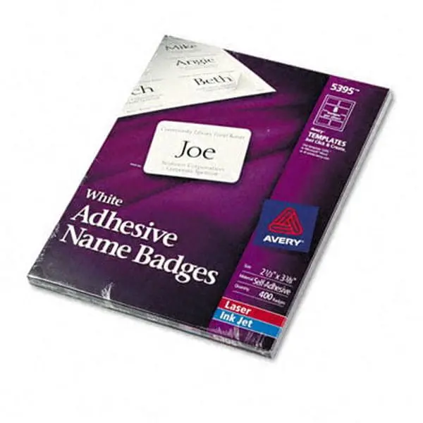 Avery Self-Adhesive Name Badge Text Labels, 2-1/3x3 in White, Paper Backing, Preset Layouts, 400 Per Box, Free Templates, Inkjet/Laser Compatible