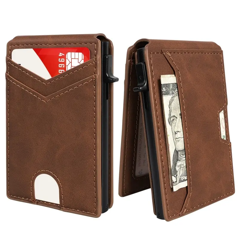 Minimalist Men’s Slim Wallet: 9 - 11 Cards, Money Clip, ID Window. RFID - Blocking, Aluminum Bifold Pop - Up