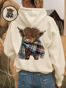 Women's Cottagecore Hoodie with Cute Highland Cow & Plaid Scarf Graphic, Cozy Soft Fleece Pullover for Everyday Casual Wear, Outdoor, and Dates