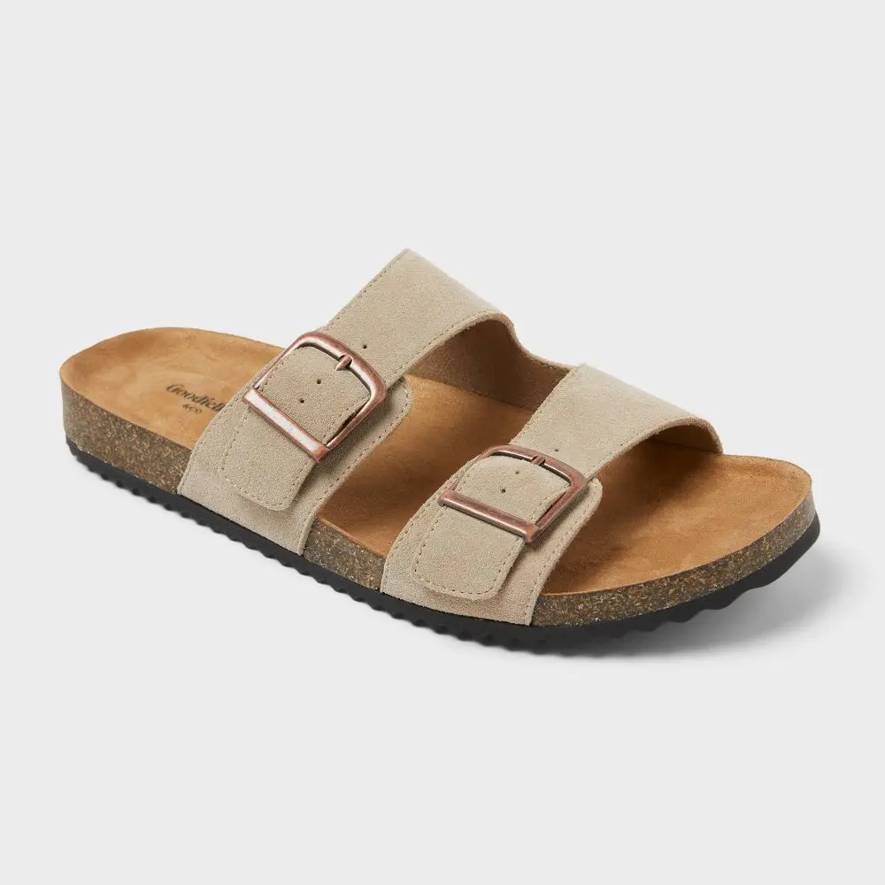 Men's 2-Strap Slip-On Sandals - Goodfellow & Co Classic Suede Casual Shoes, 100% Polyester, Brush-Clean Design