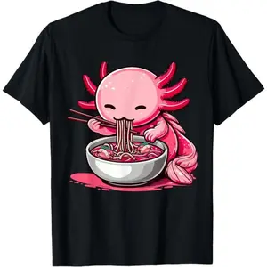 Kawaii Axolotl Eating Ramen Noodles  T-Shirt  made in usa