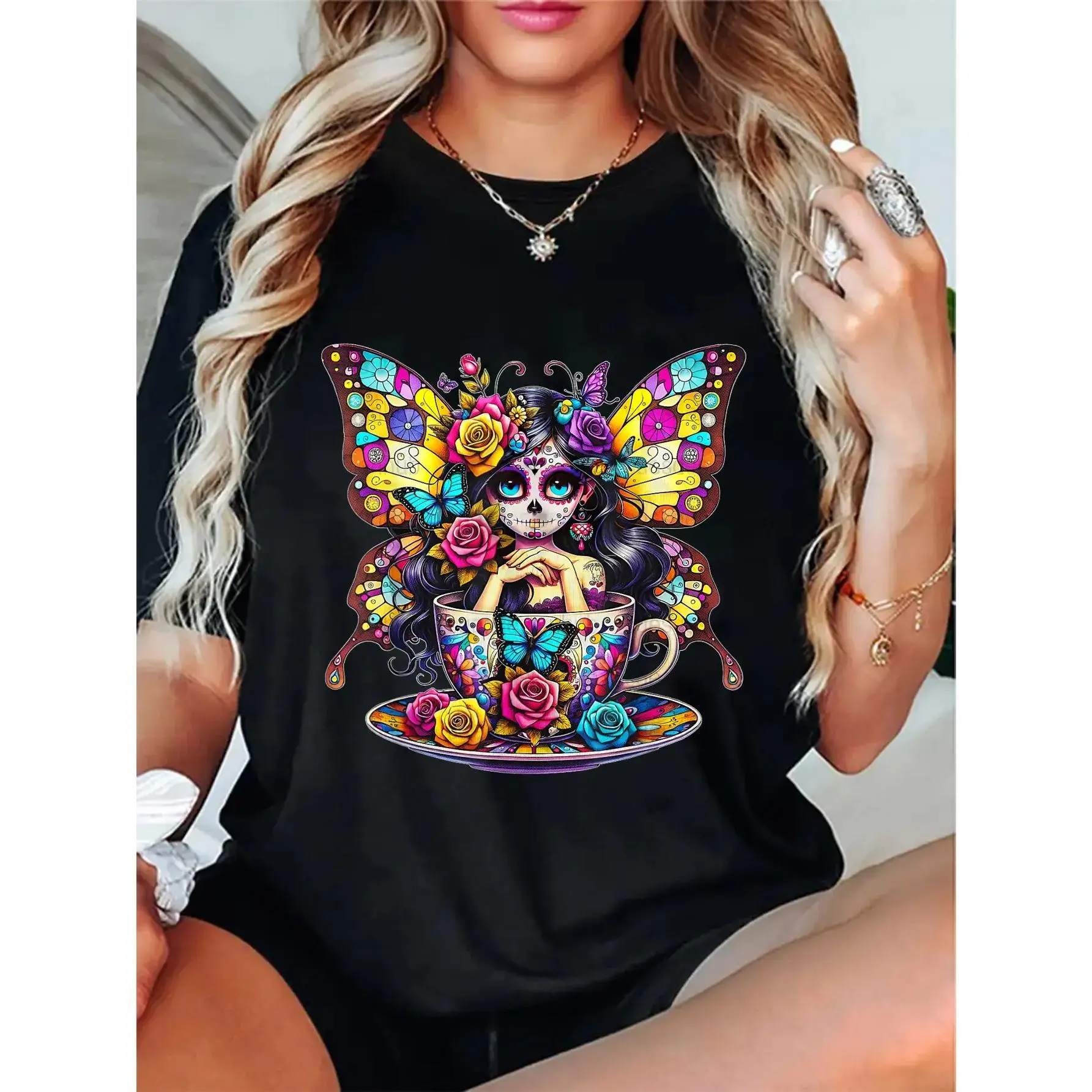 Women's Comfortable Short-Sleeve Round Neck T-Shirt - Colorful Butterfly Floral Dia De Los Muertos Catrina Design, Everyday Fit for Ladies, Casual Streetwear, Shortsleeve, Style