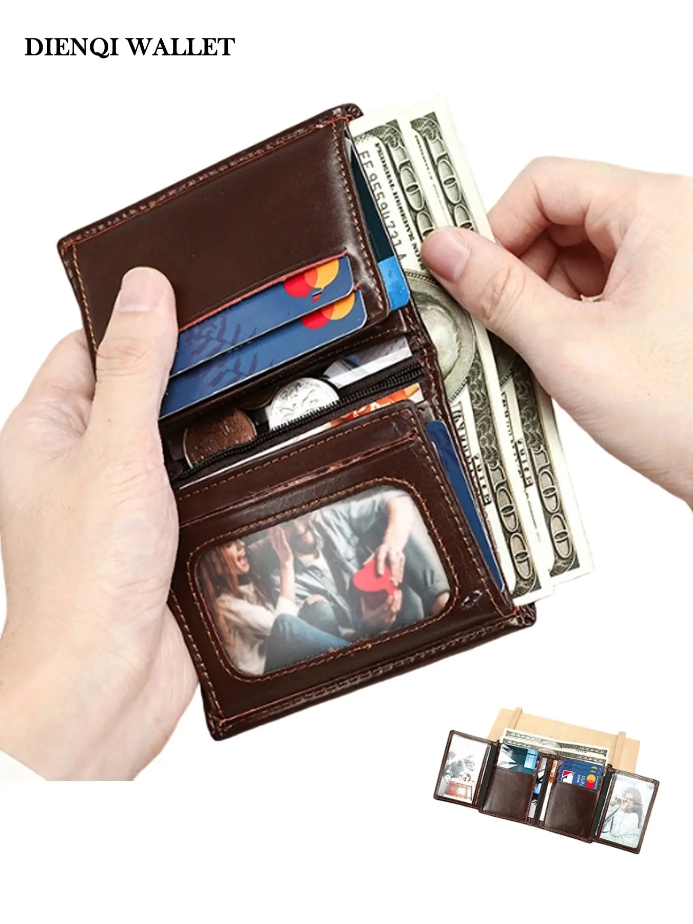 Classic Genuine Leather Men's Wallet Business Wallets Multiple Card Slots for Document Storage, Wallet Cards Storage, Business Credit Card, ID & Photo Holders, Coin Zipper Pouch for Men Women, Daily Use, Gift for Dad