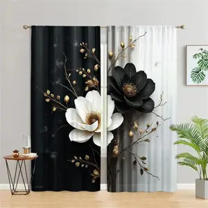 2 pieces, elegant black and white flower curtains, modern golden branch pattern, rod bag design, translucent polyester fiber, suitable for living room, bedroom, kitchen, dining room home decoration, suitable for Christmas decoration.